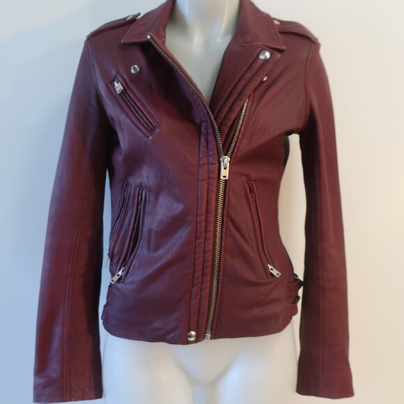 Womens Iro Han Wine Lamb Leather Full Zip Moto Jacket 40 US/L - Picture 2 of 16